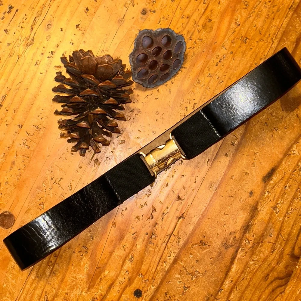 B-LOW THE BELT 1.5 inch W- leather & elastic Gore belt with gold clasp buckle.